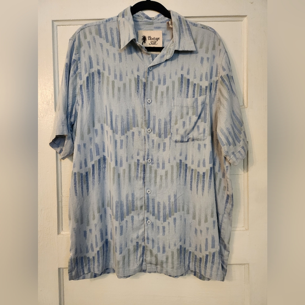 Vintage Silk Men's Button Down Shirt, 100% Silk Blue Geometric Sz XL, EUC Resort